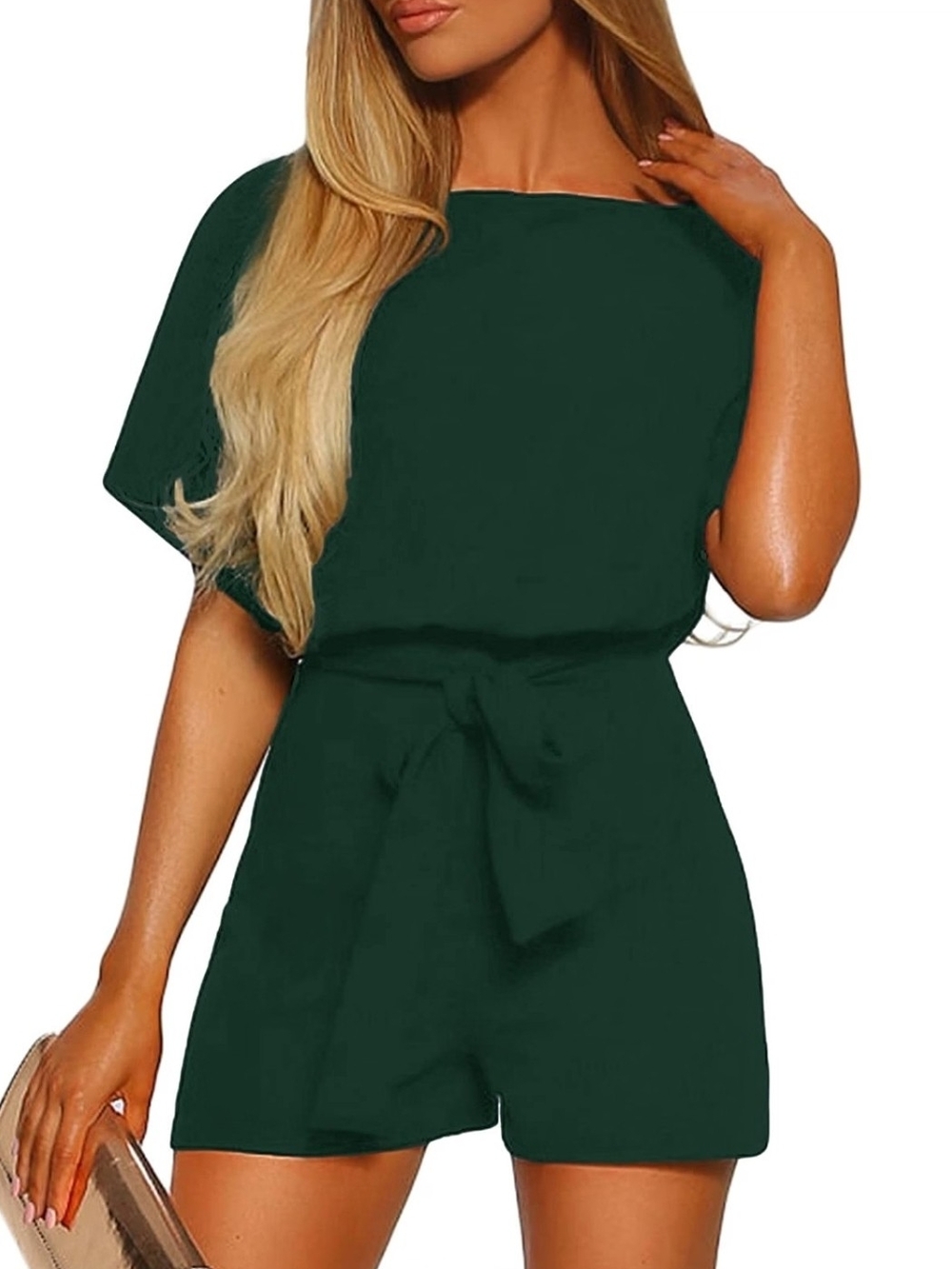 Women’s Forest Green Short Sleeve Tie-Waist Romper